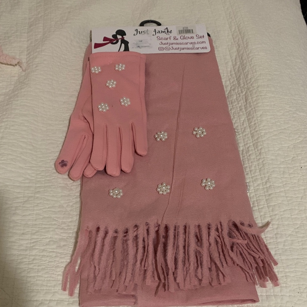 Just Jamie Pink Scarf & Glove Set with Pearl Accents